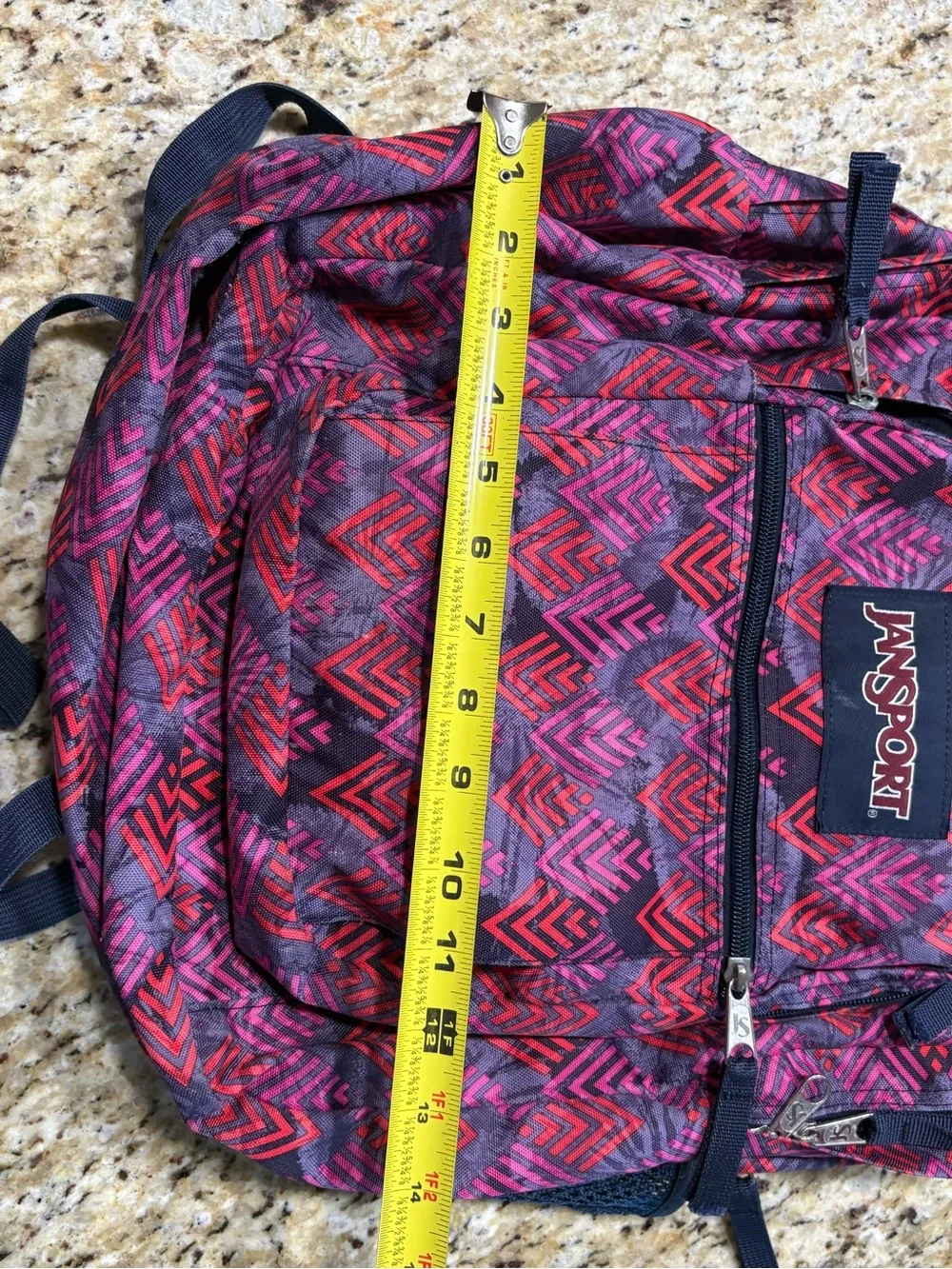 Jansport Purple Backpack with Pink & Red Chevron Print no tears